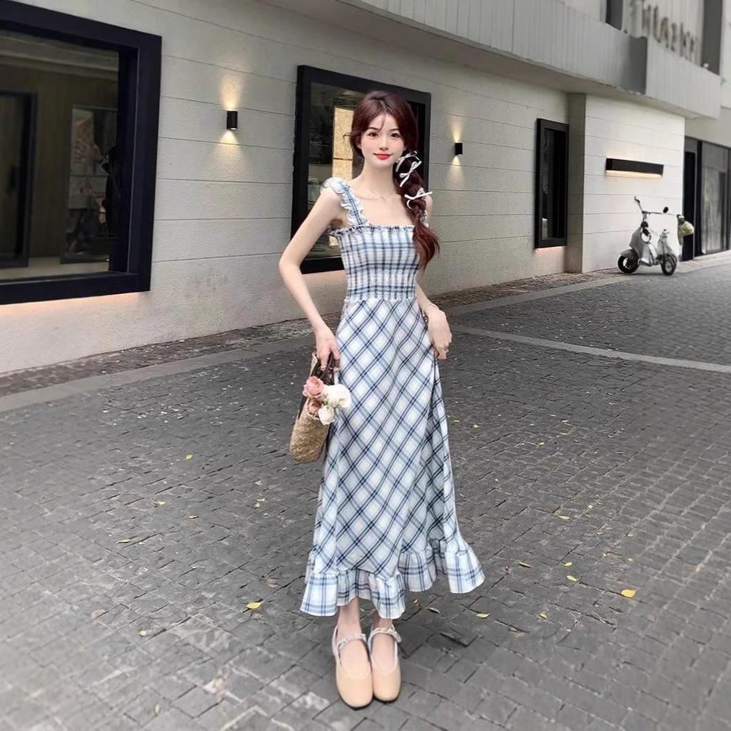Women's Retro Plaid Sleeveless Summer Midi Dress with Slim Waist