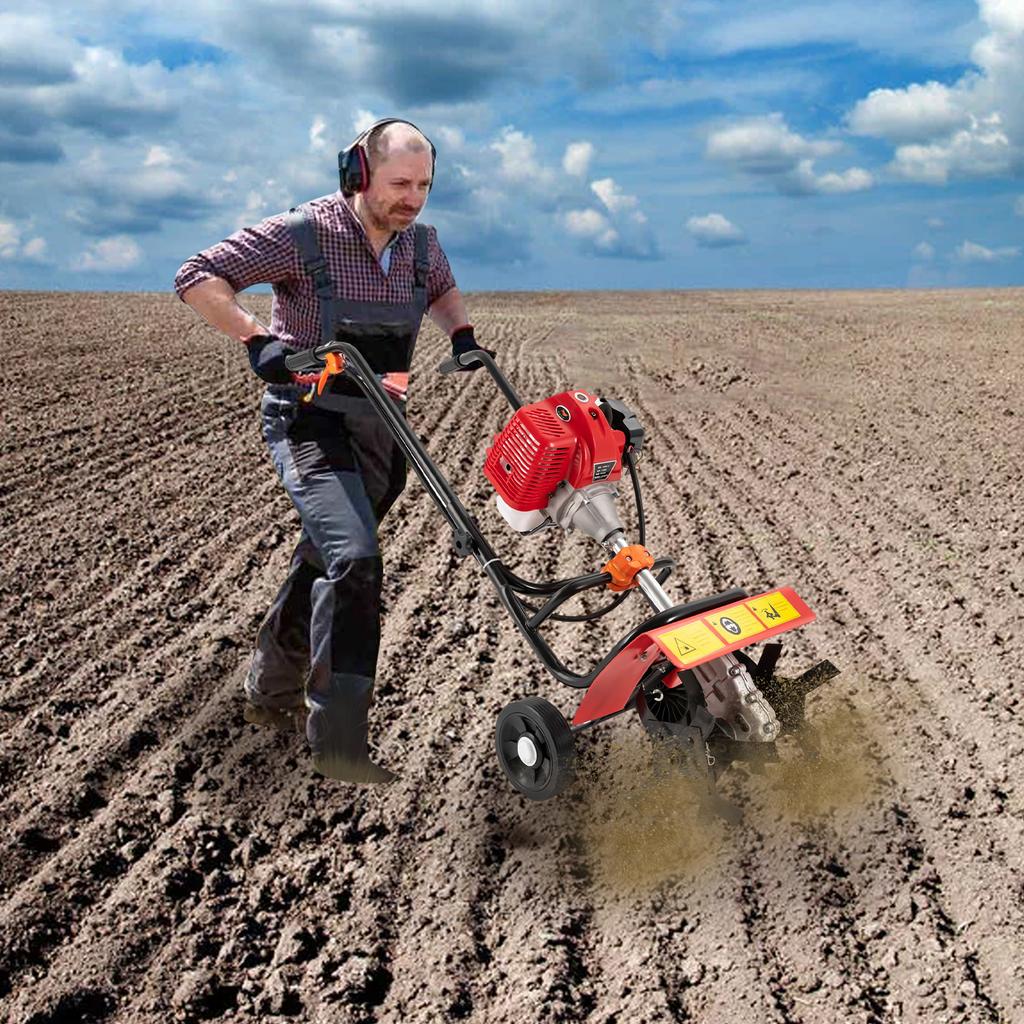 Garden Tiller Cultivator, Powerful 52cc Gas Powered Small Rototillers Air-Cooled 2 Stroke Engine Garden Yard Tilling Tool