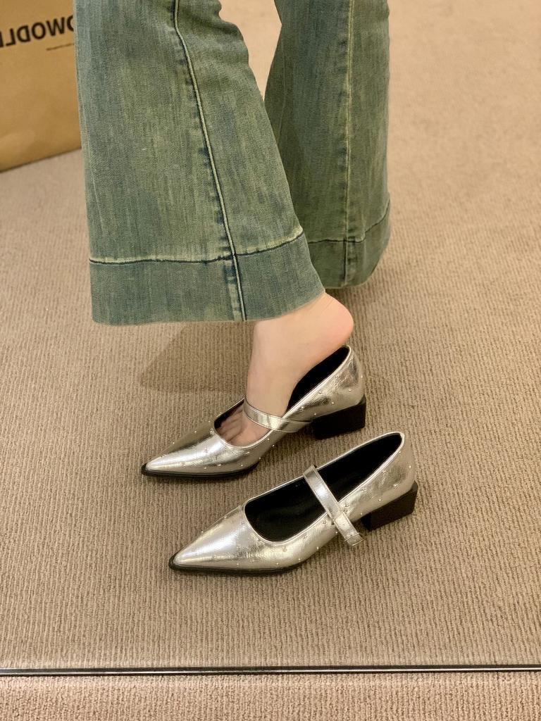 Design Sense Niche Silver Pointed Mary Jane Shoes Women's Spring and Autumn 2025 New Models with Skirts Late Evening Wind Single Shoes Women
