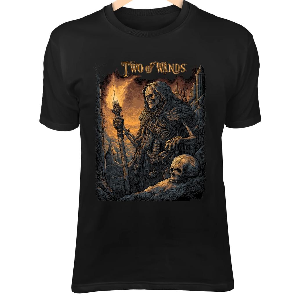 Skull Tarot TWO OF WANDS II Shirt - Skeleton Holding Blazing Wand Gothic Art Tee