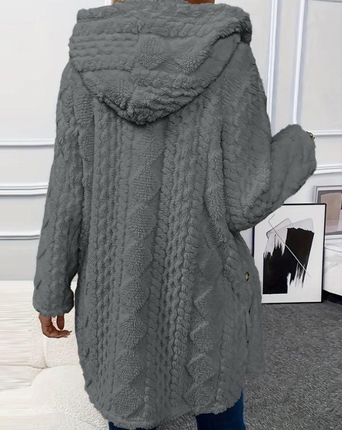 2025 Autumn/Winter Women's Warm Plush Hooded Cardigan - Button-Up Solid Color Coat