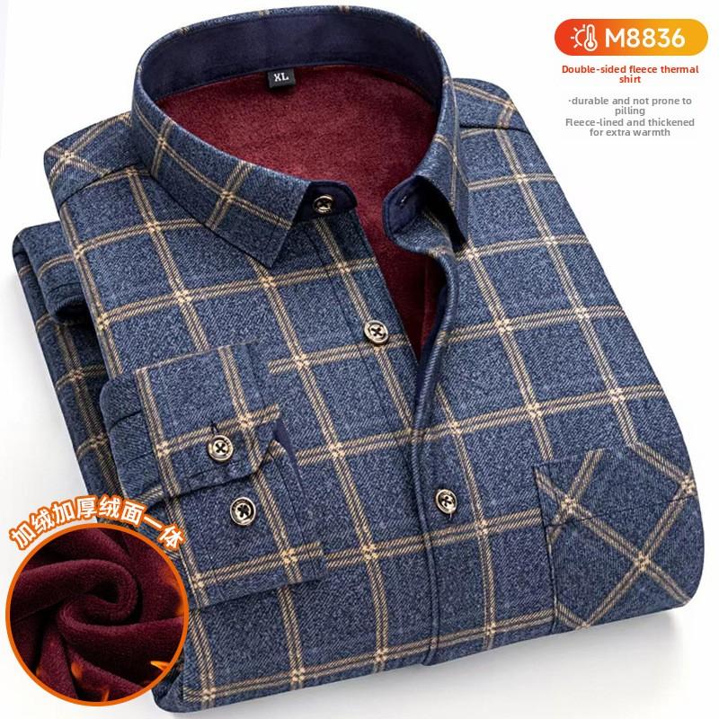 Plus Size Men's Thermal Shirt Men's Winter Fleece-Lined Thickened Checkered Long-Sleeved Shirt
