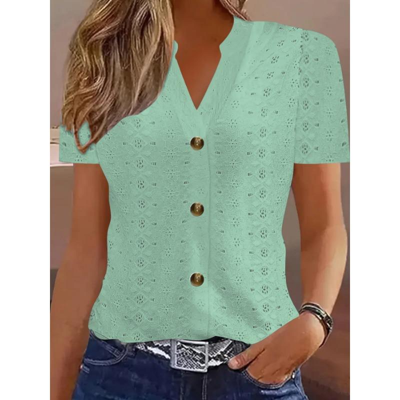 Modische lässige einfarbige Damen-T-Shirts mit V-Ausschnitt und kurzen Ärmeln