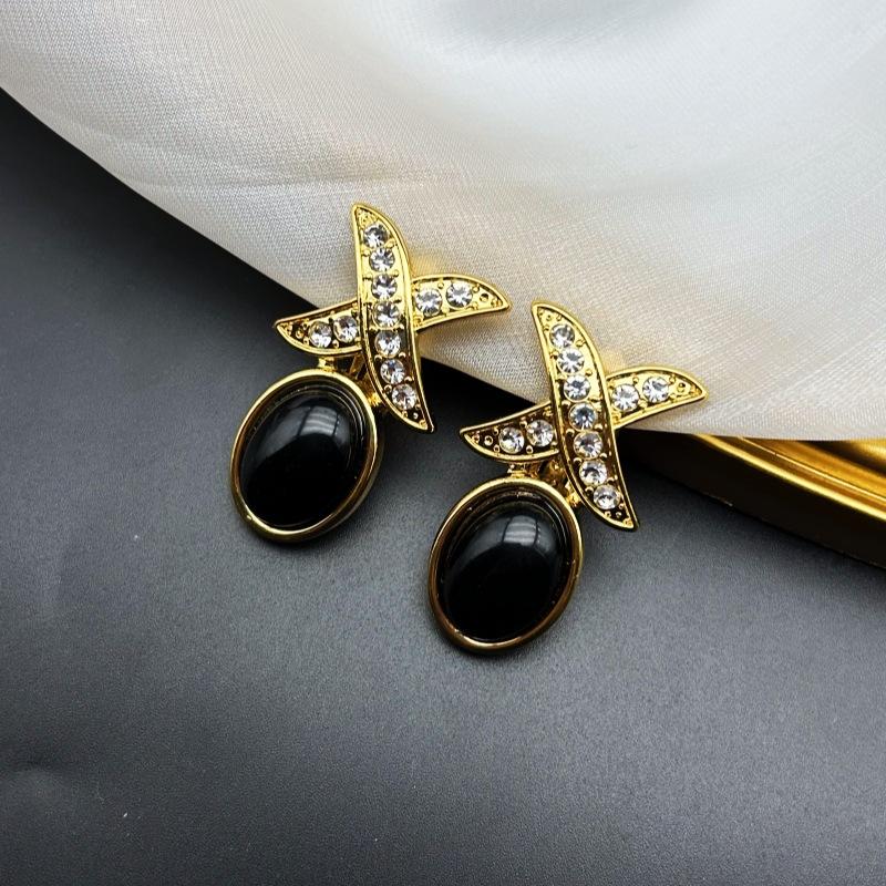 Medieval Vintage Style Heavy Industry Versatile Elliptical Black Agate Inlaid Marking Jewelry Set
