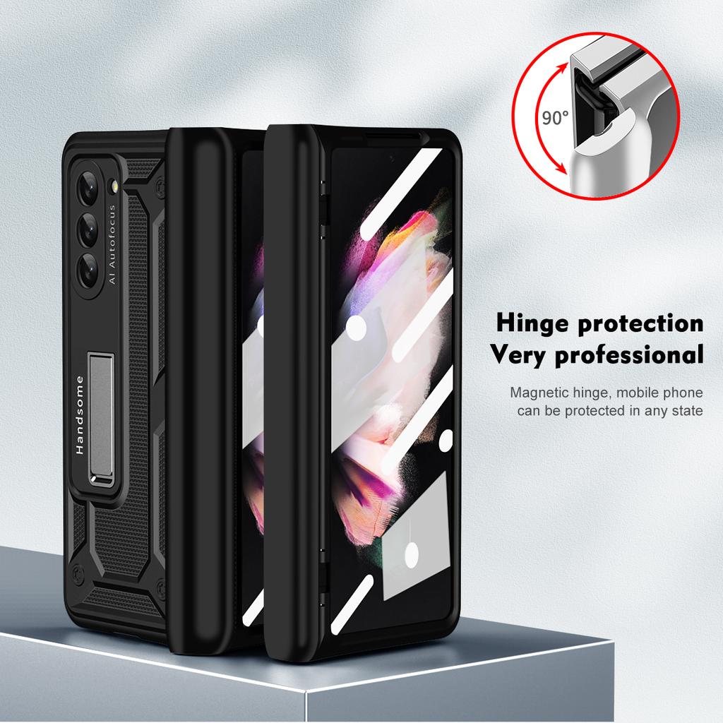 For Samsung Galaxy Z Fold5 5G Hard PC Hinge Protection Case Magnetic Kickstand Phone Cover with Tempered Glass Film