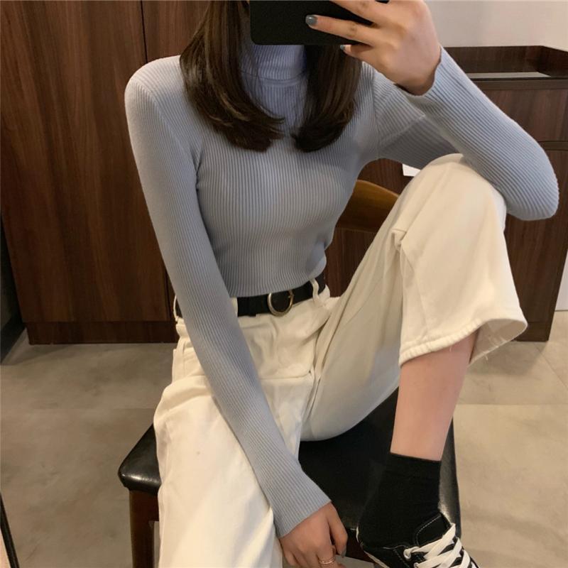 Осень Новая База Водолазка Женский свитер Топы Slim Fit Осень и зима Длинные рукава Трикотажные свитера для женщин Мода Повседневный Элегантный Трикотаж 25034 One Size светло-синий 1498₽
