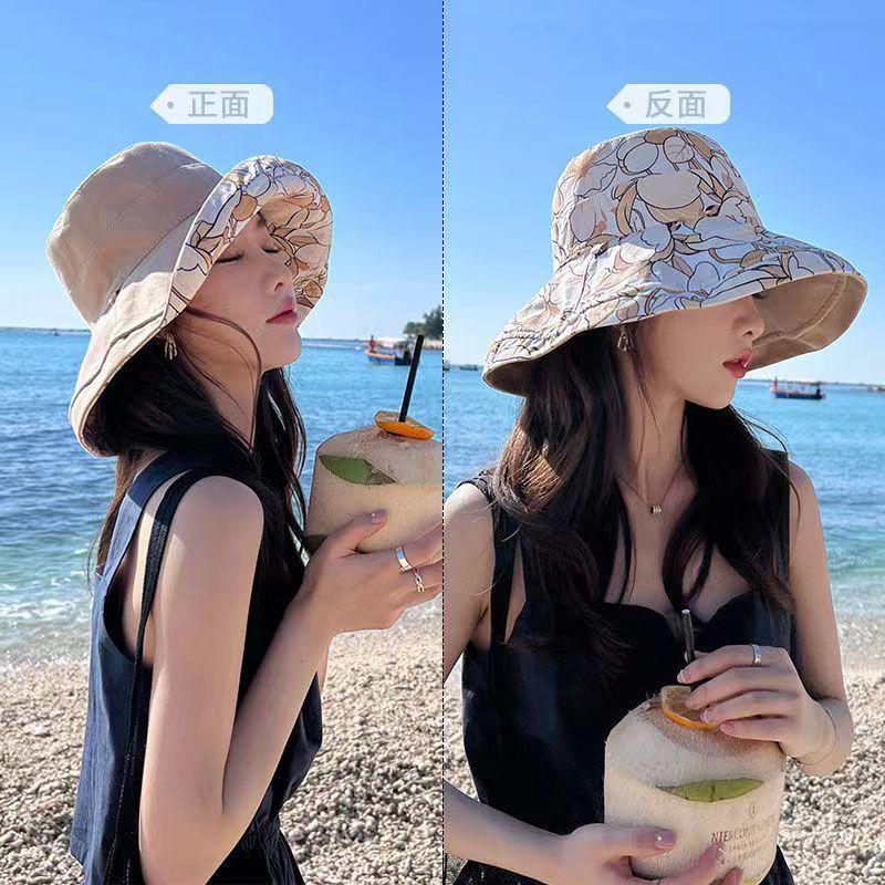 Japanese double-sided flower hat female summer big edge face covering cotton and linen bucket hat sunshade sunscreen ultraviolet sun hat
