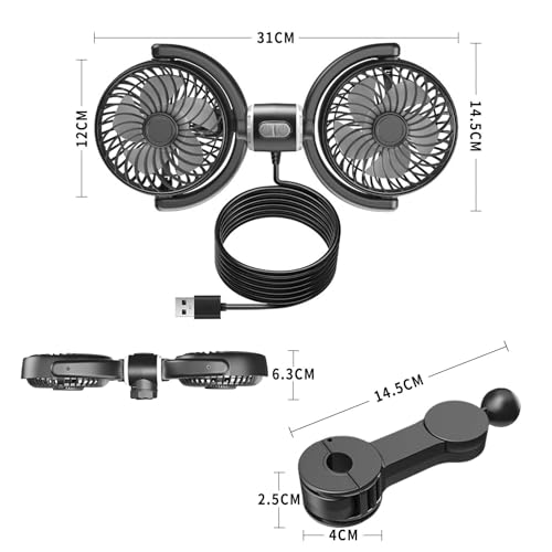 PhyiFlbey Car Fan, Back Seat Fan with USB Charging, Dual-Headed Car Fan, Low Noise, Powerful, 5-Blade Design, 3-Level Airflow Adjustment, 360-Degree A