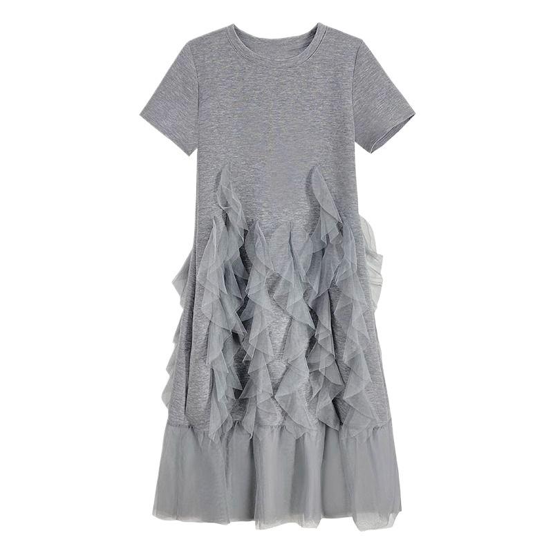 2026 Spring/Summer Plus Size Mesh Patchwork T-shirt Dress, Gray, Short Sleeve, Regular Shoulder Style for Women