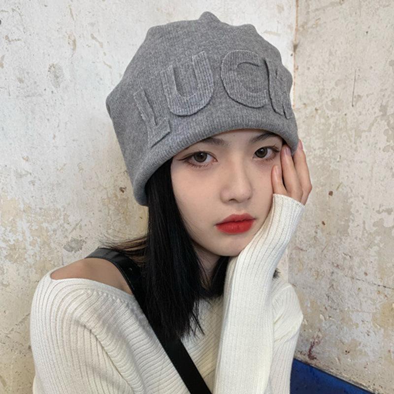 New Face Small Letter LUCK Cold Hat Children's Baotou Hat Autumn and Winter Retro Knitted Ear Hat