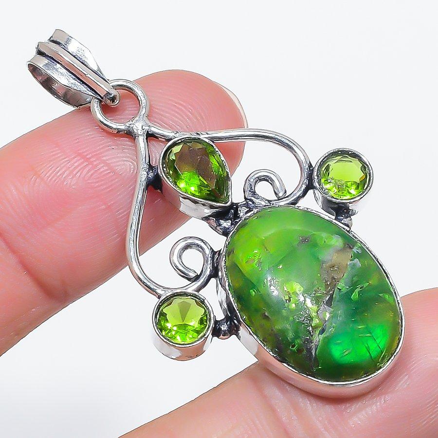Natural Green Labradorite, Peridot 925 Sterling Silver Pendant 2.09" C6U57