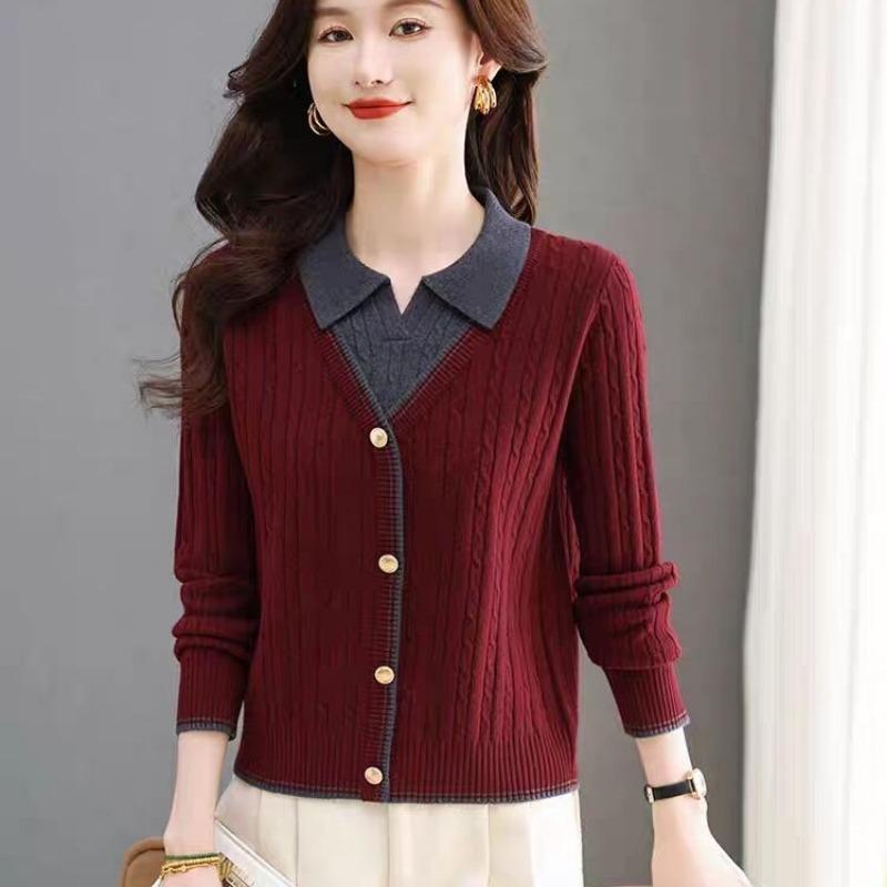 Autumn Winter Polo Neck Fake Two Pieces Knitting Top Women Casual Fashion All-match Vintage Pullover Sweater