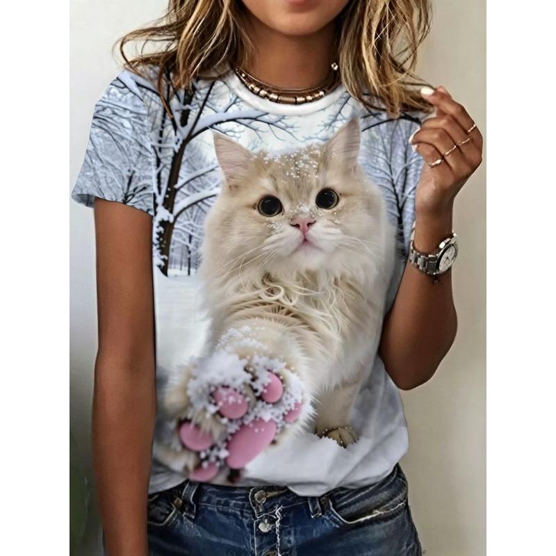 Women's printed short-sleeved T-shirt - Soft round-neck casual top, suitable for daily wear and various themed occasions