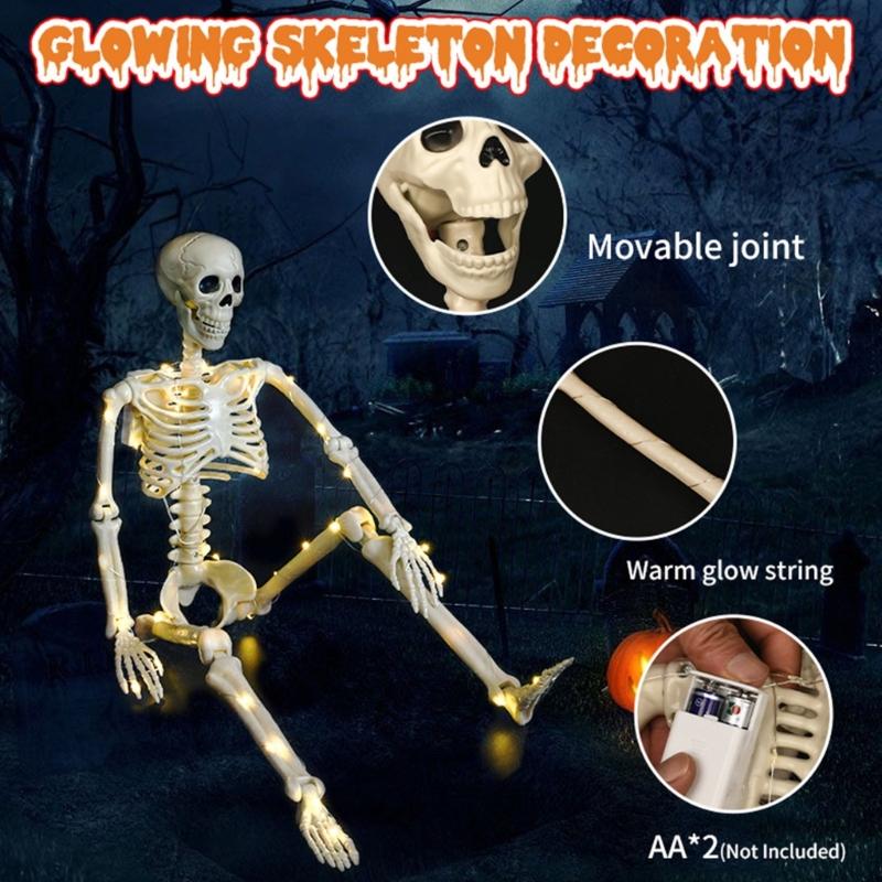 Poseable Full Body Human Skeleton Decors Haunting Halloween Party Skeleton with LED Green Lights for Scary Atmosphere