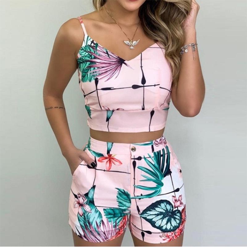 European and American Women s Summer Spaghetti Strap Slim-Fit Printed Shorts Set Extra Large