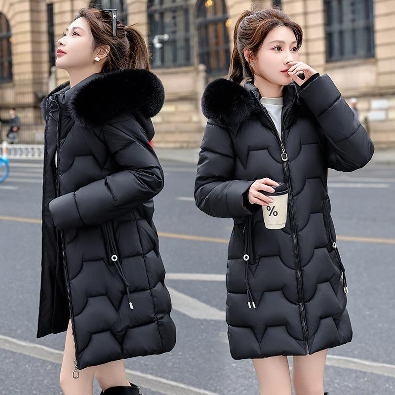 Winter Big Fur Collar Slim and Thin Medium and Long Cotton Clothes Women's Thickened Warm Jacket Cotton Clothes