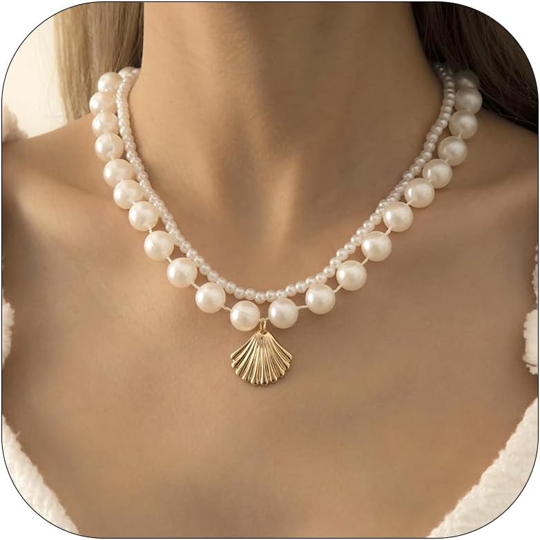 YANCHUN Shell Necklace Beach Jewelry for Women Sea Shell Necklace Layered Gold Shell Charm Necklaces Summer Outfits for Women Beach Fashion