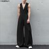 Men Lapel Neck Sleeveless Button Up Casual Loose Long Rompers Jumpsuits