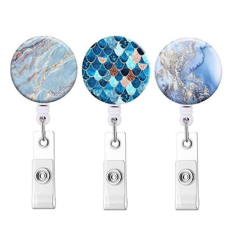 Retractable Badge Holder Reel Clip Marble Print Nurse Exhibition Card Holders Woman Doctor ID Card Chain Clips