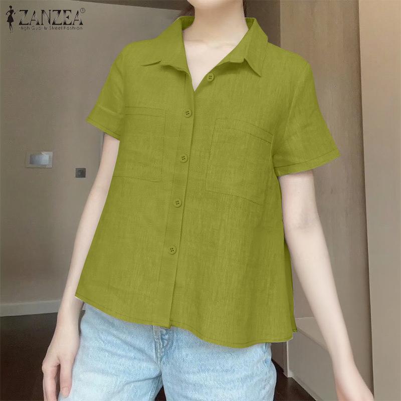 ZANZEA Women Summer Turn Down Collar Short Sleeve Casual Blouse