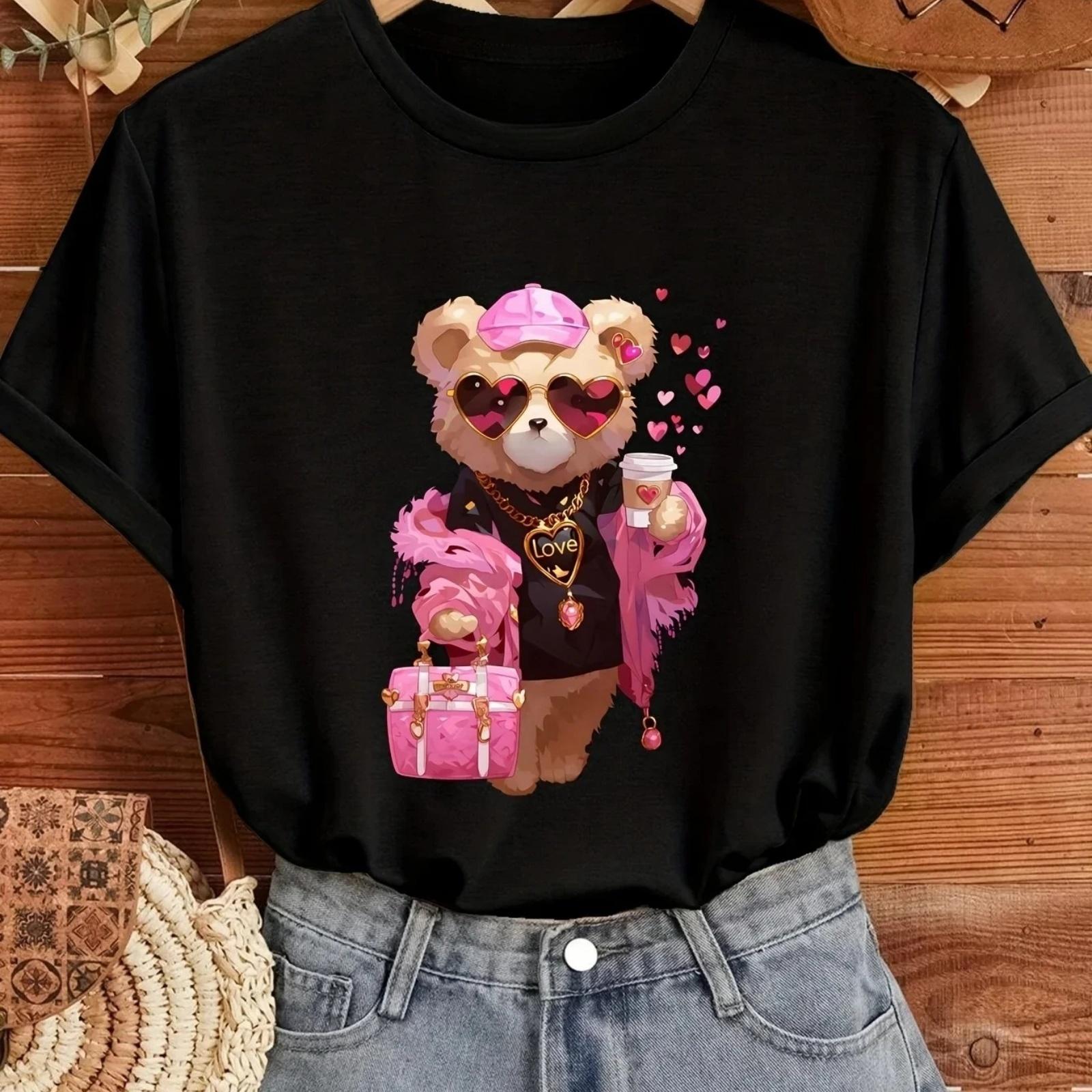 

Bear & Love Print T-ShirtCasual Crew Neck Short Sleeve Top for Spring & SummerWomen s Clothing T Shirts Women Clothing Y2K Top S