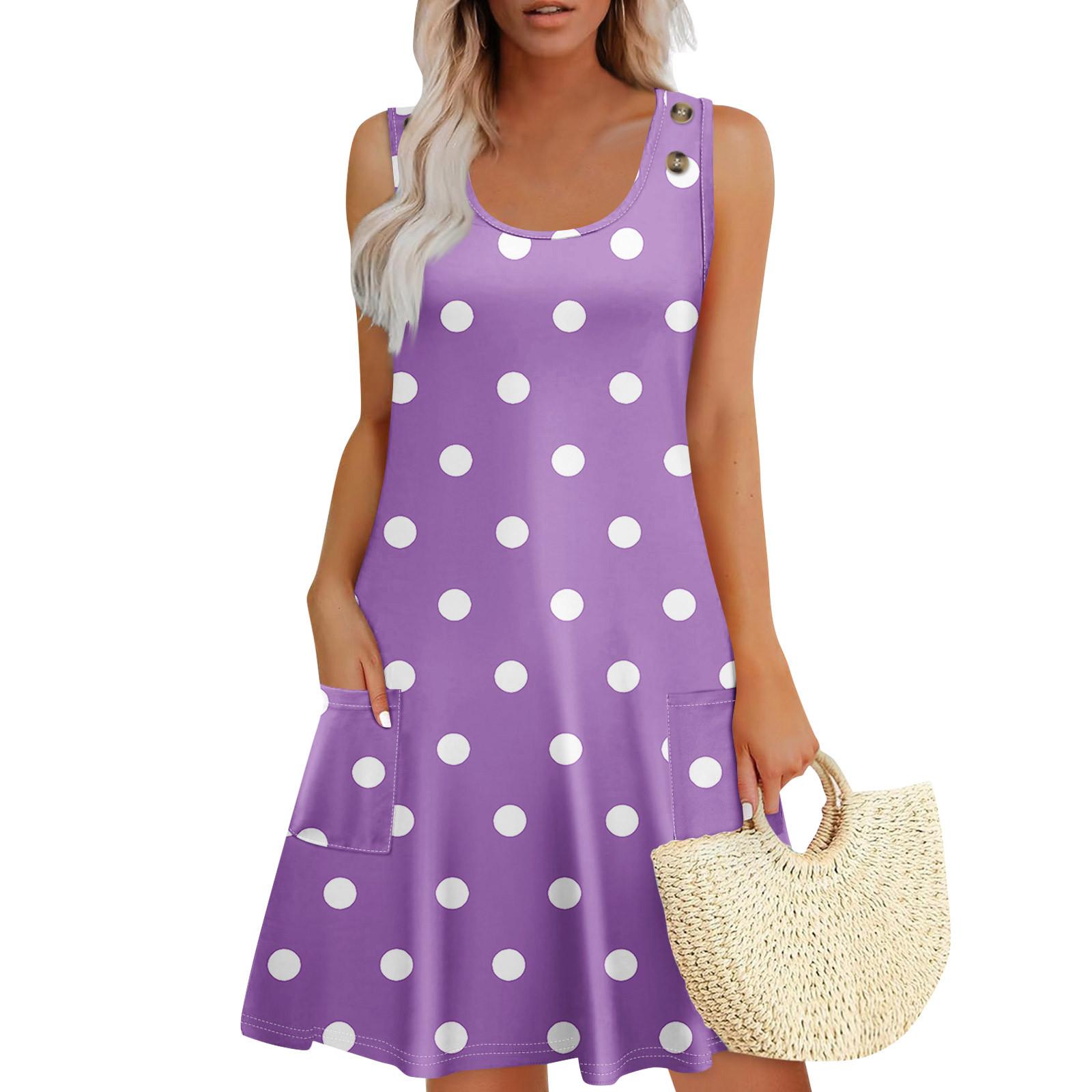 

Летние платья для женщин Пляжный Бохо Без рукавов Принт Струящиеся Карманы Футболки Сарафаны XL фиолетовый