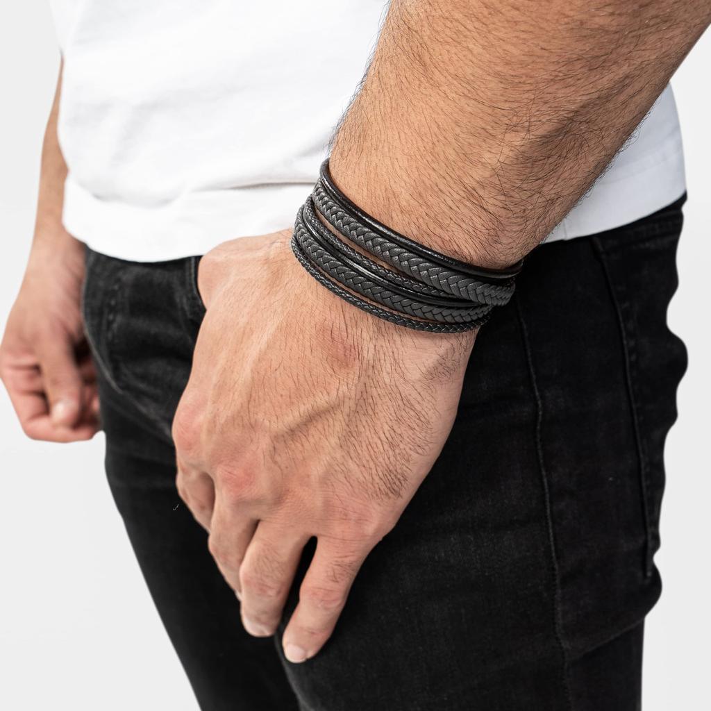 Lærarmbånd 40cm Svart Armbånd Menn Gaveeske Ekte Lær Lær Flettet Justerbar Magnetisk Lås Flerlags Wrap Tau Mann Gutt Armbånd