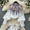 Summer Autumn New Arrival Flower Print Two Piece Pants Sets Women's Lantern Sleeve Blouse Tops and High-Waisted Wide-Leg Shorts Sets