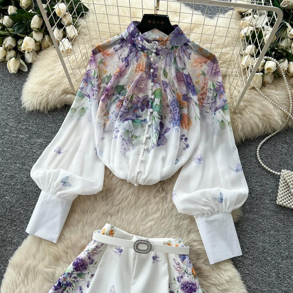 Summer Autumn New Arrival Flower Print Two Piece Pants Sets Women's Lantern Sleeve Blouse Tops and High-Waisted Wide-Leg Shorts Sets