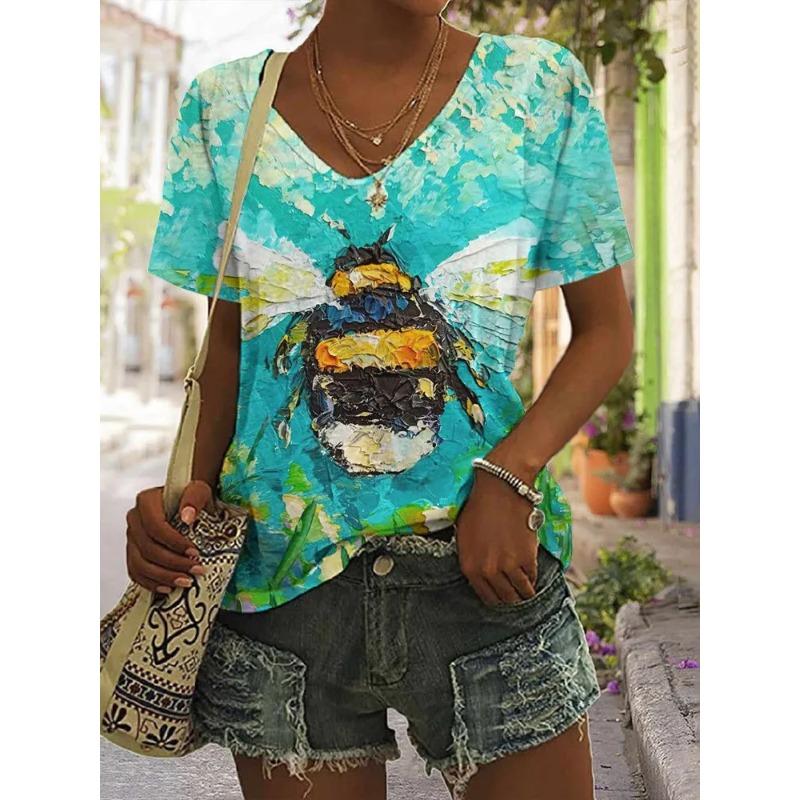 T-shirt da Donna Estiva con Stampa 3D Scollo a V Moda Versatile Traspirante Tendenza Casual