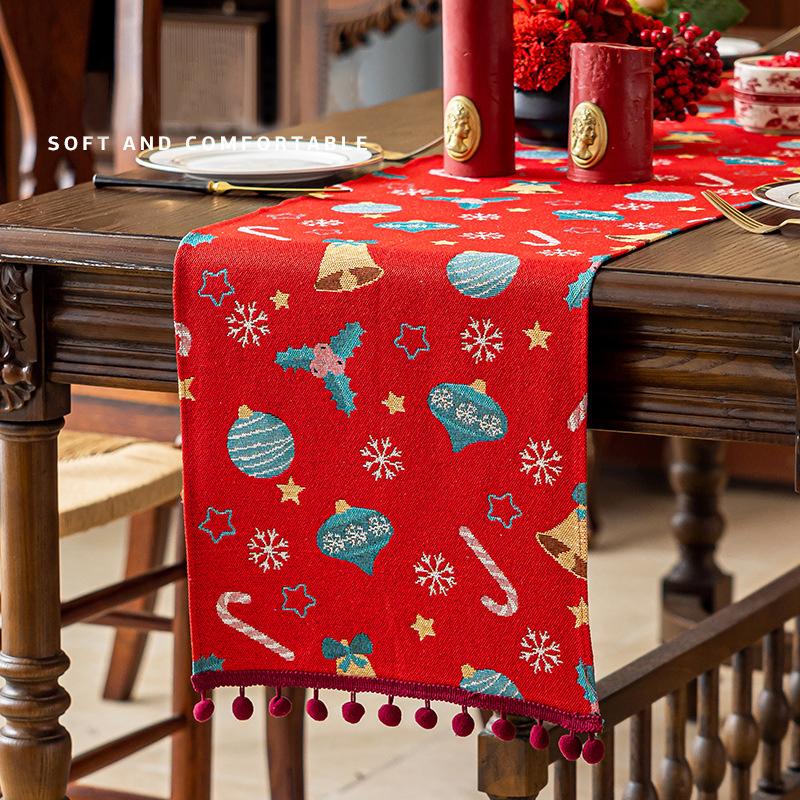 1PC Jacquard Dining Decor Ball Tassel Kitchen Polyester  Christmas Table Runner Party Table Decor Holiday 2 Sizes