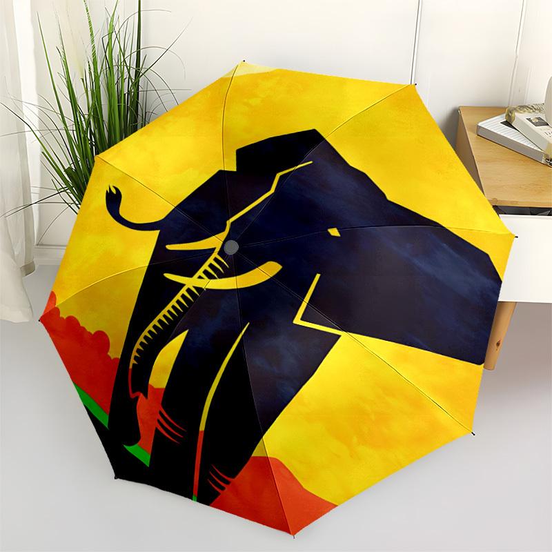 1PC Elephant Sunset Automatic Windproof Umbrella 8 Rib Portable Folding Black Iron Frame for Outdoor, Beach, Travel, Beach Umbrella,S16