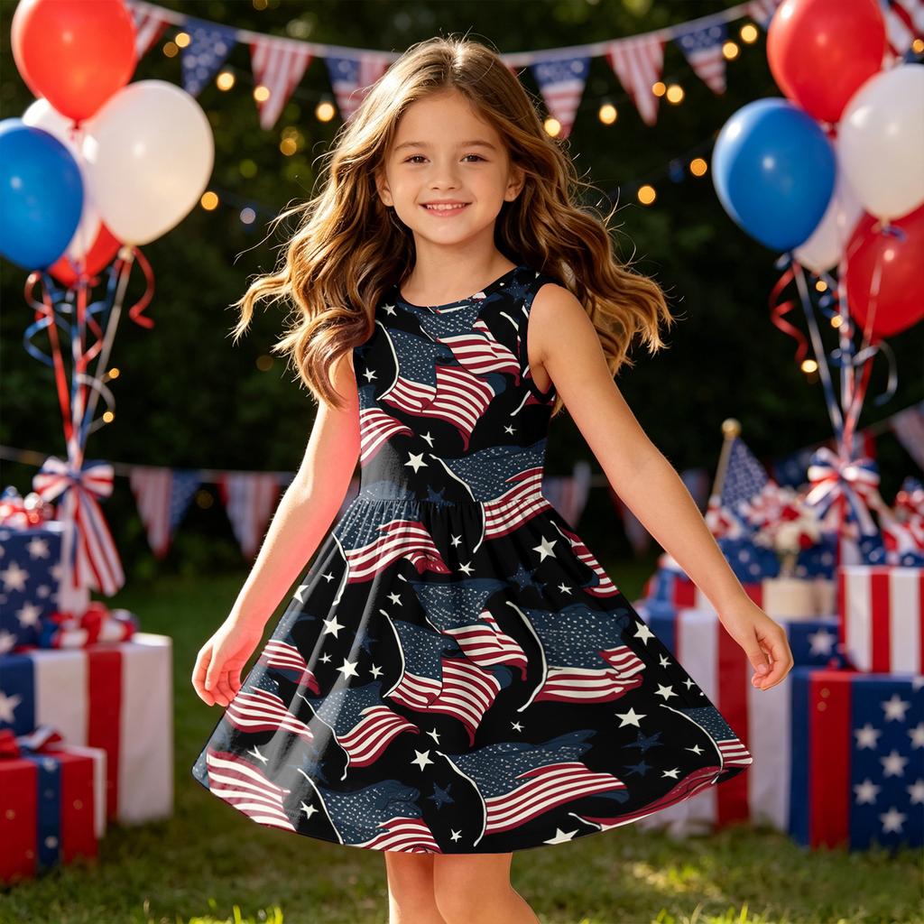 Girls Sleeveless Dress Independence Day Patchwork Pattern Casual A-Line Dress Summer Kids Party Dress