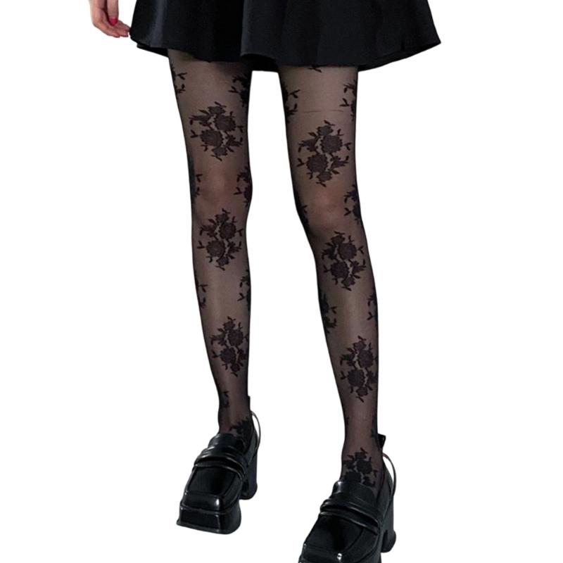 Stylish Floral Jacquard Pantyhose High Stretch Nylon Fabric Reinforced Toe Heel Breathable Design Multi Purpose Wear