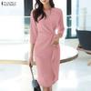 ZANZEA Women Casual Round Neck Solid Color 3/4 Sleeve Sheath Dress