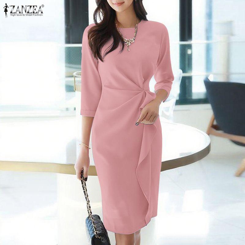 ZANZEA Women Casual Round Neck Solid Color 3/4 Sleeve Sheath Dress
