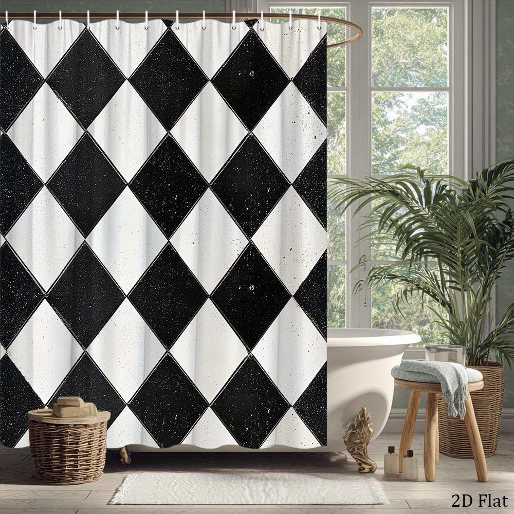 Vintage Schwarz-Weiß-Schachbrett-Duschvorhang Geometrisches Rautenmuster Polyester-Badevorhang Mit 12 Haken Für Moderne Einrichtung