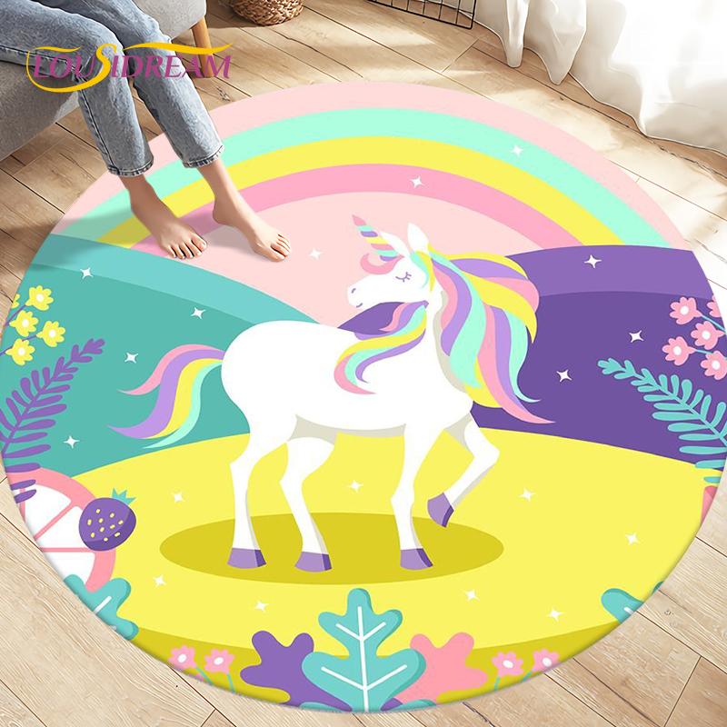 Children's Cartoon Cute Unicorn Animals Area Rug Round Carpets Rugs for Living Room,Kids Play Crawling Soft Non-slip Floor Mats