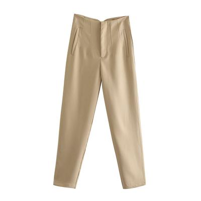 Women Chic FashionSeam Detail Office Wear Pants Vintage High Waist Zipper Fly Female Ankle Trousers Mujer