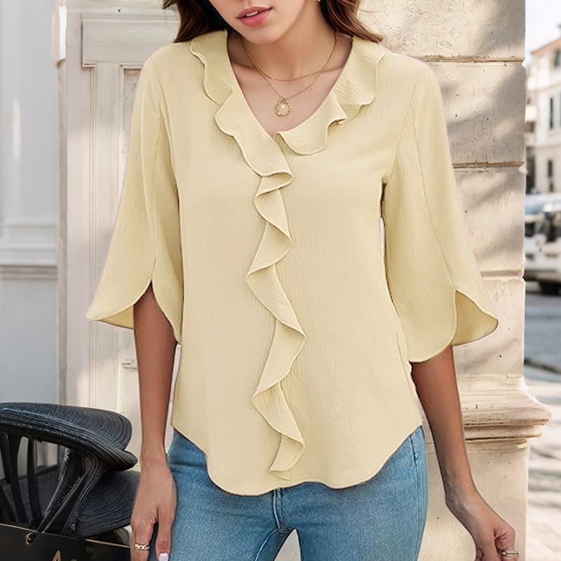 ZANZEA Womens Summer V-Neck 3/4 Sleeve Loose Ruffles Blouse