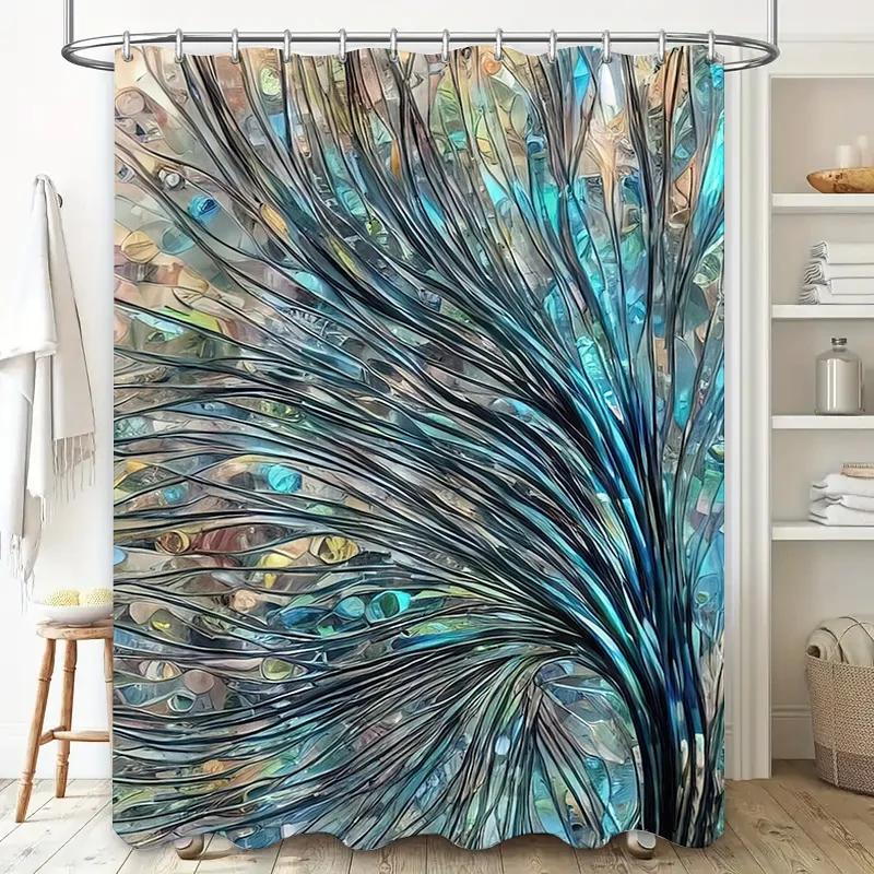 Modern Peacock Feather Pattern Shower Curtain Decorative Waterproof Bath Mat Tiled Bathroom Accessories