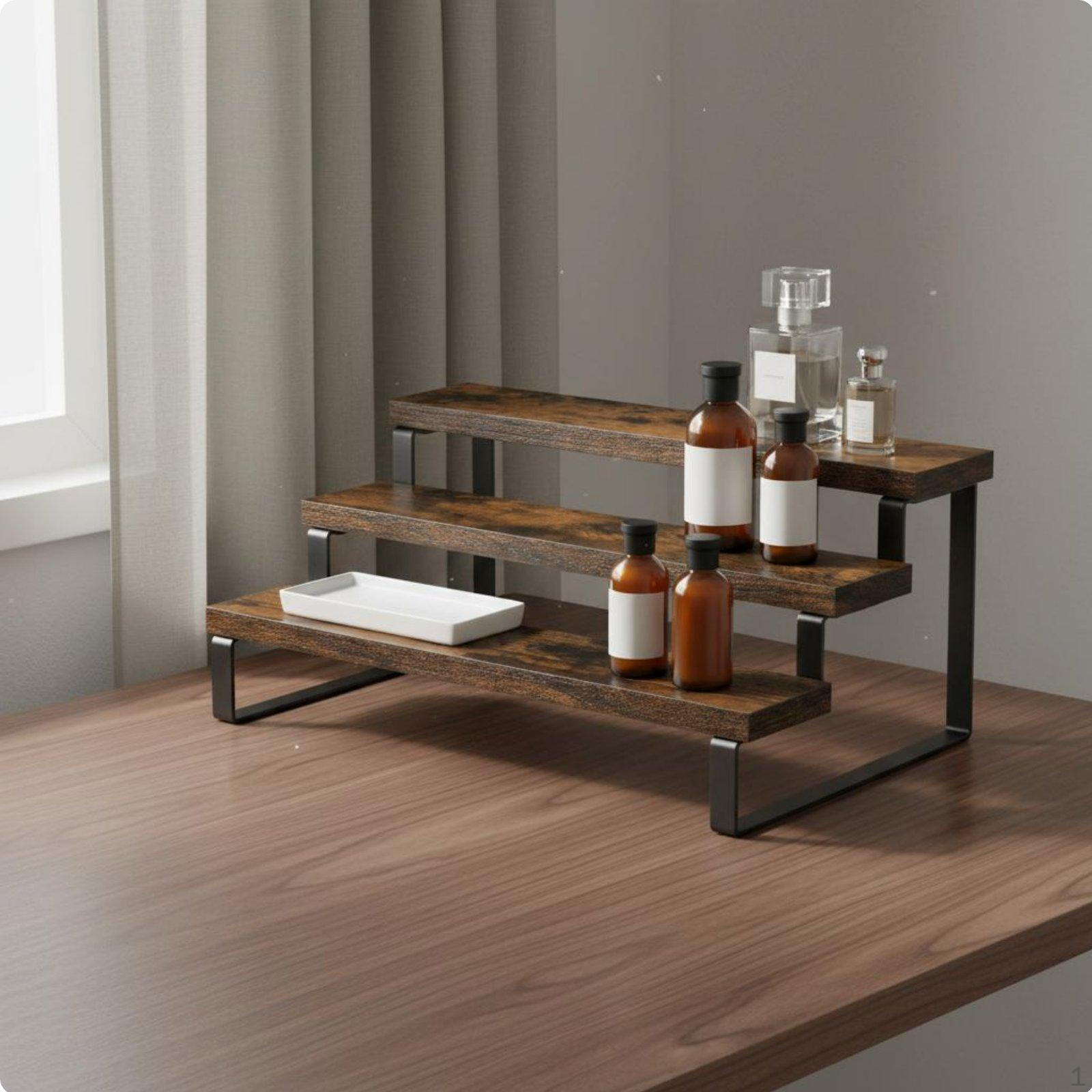 Countertop Display Stand Versatile Multi Tiers Riser Tiered Design Wood Step Shelf Organizer Three-layer Retro