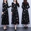 Spring & Fall V-Neck A-Line Dress for Middle-aged Women: Mid-length, Printed, Waist-cinching, Wide Hem