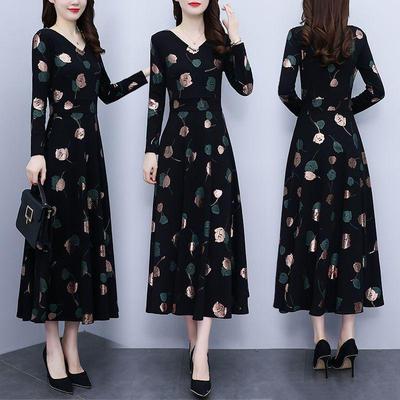 Spring & Fall V-Neck A-Line Dress for Middle-aged Women: Mid-length, Printed, Waist-cinching, Wide Hem