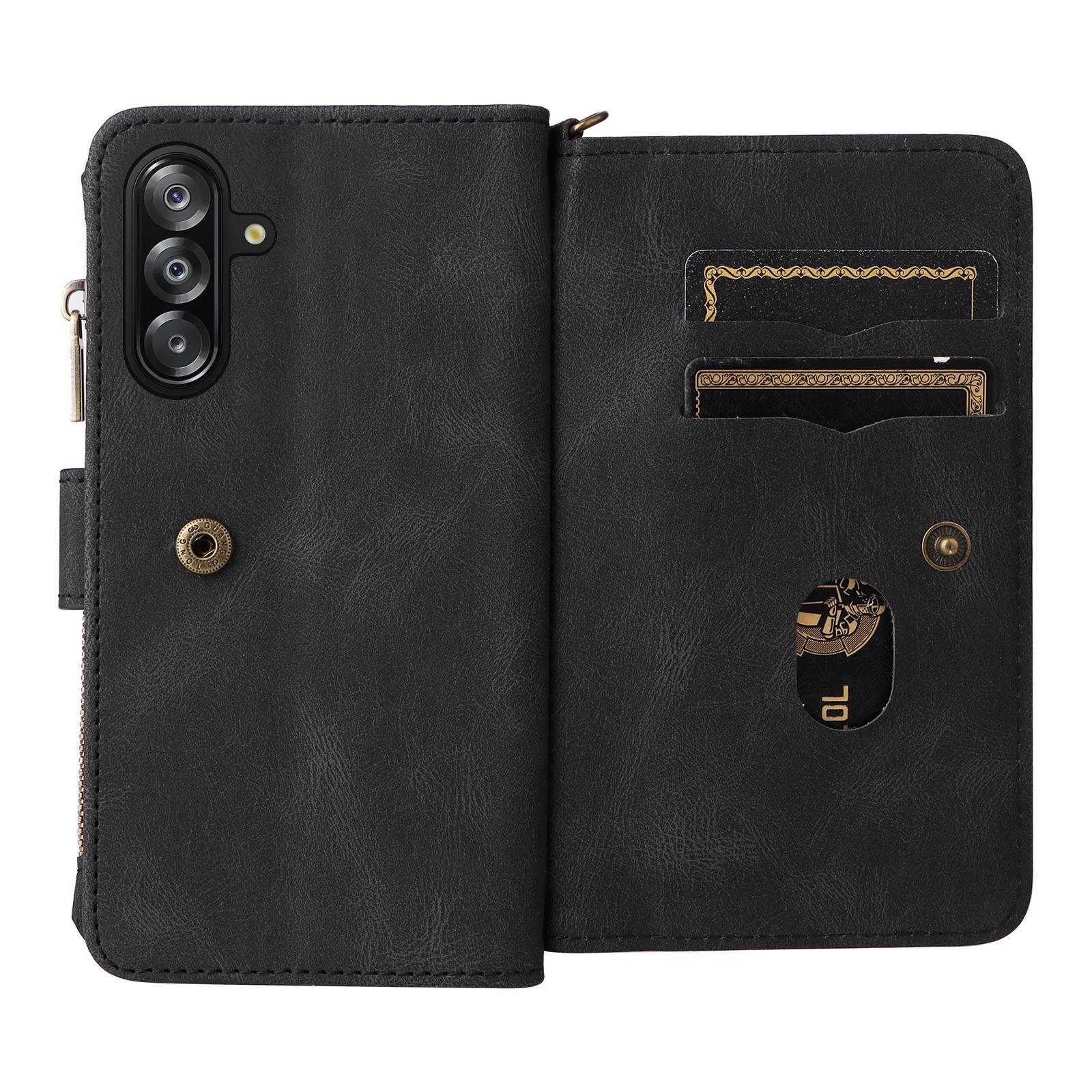 

For Samsung Galaxy A16 4G/Galaxy A16 5G/Galaxy A26 5G Zipper Wallet Case with 15 Card Slots and Strap Leather Phone Cover Black