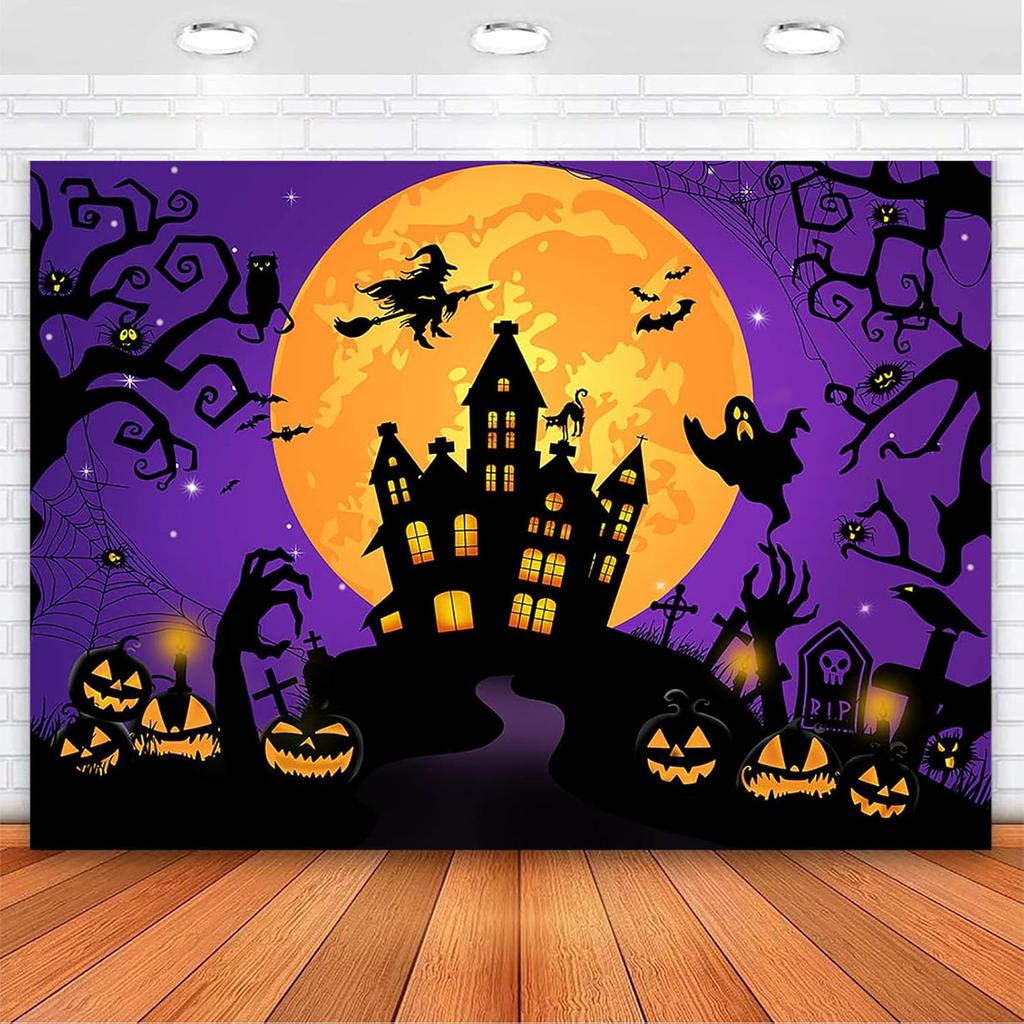 Avezano Halloween Backdrop Horror Moon Night Halloween Backgrounds for Parties Haunted Castle Scary Party Decoration, Orange 7 x