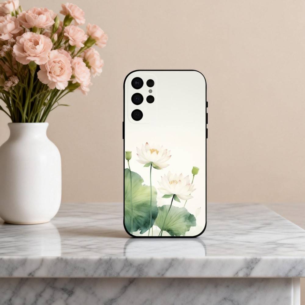 E-Emerald W-White Lotus Phone Case For Samsung S25,24,23,22,30,21,10,9,Ultra,Plus,Lite,FE,4,5 G Soft Black Case