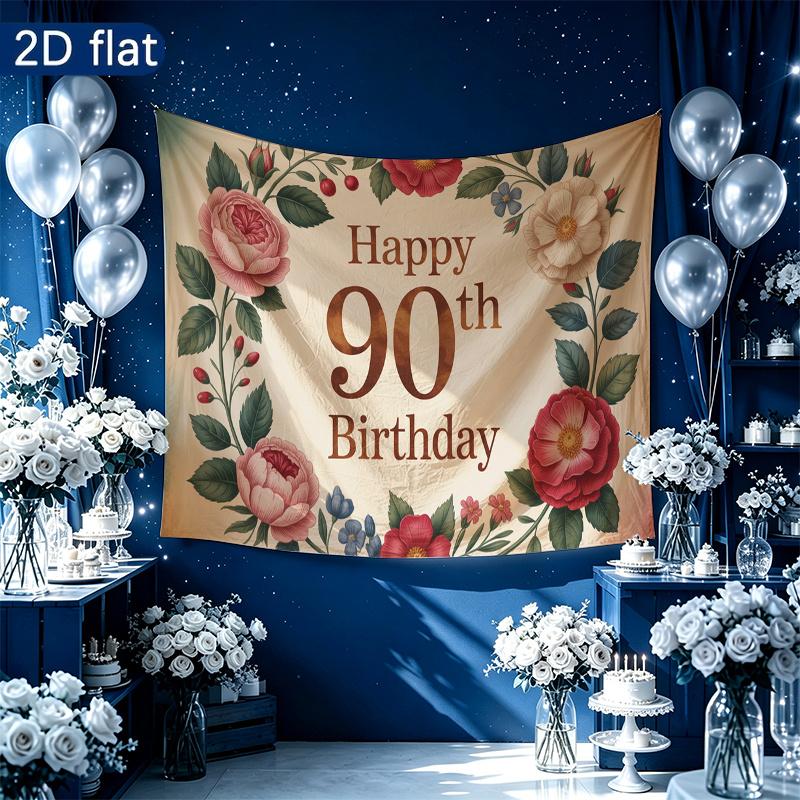 Vintage Floral 90th Birthday Party Banner, Polyester Backdrop for Home Room Wall Decor