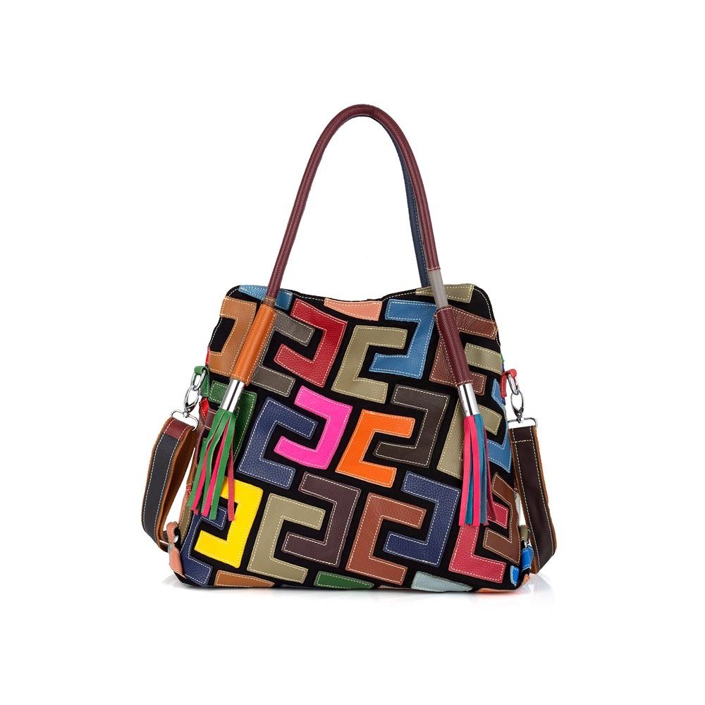 Niche Design Contrasting Color Leather Cowhide Handmade Pattern Tote Bag Shoulder Women'S Bag