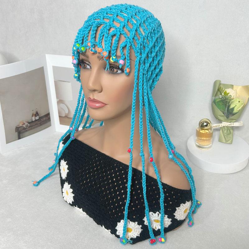 

Handmade Crochet Headwear Hat Knitted Middle Eastern Hollow Ethnic Style Tassel Pearl Beach Hat небо синє кольору
